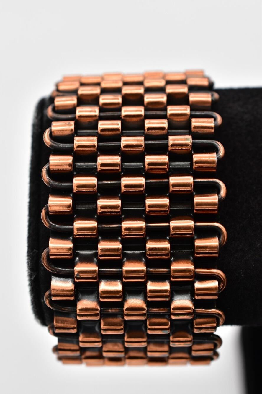 Renoir Vintage Copper Black Enamel Woven Cuff Bracelet Modernist Signed 50s BinD